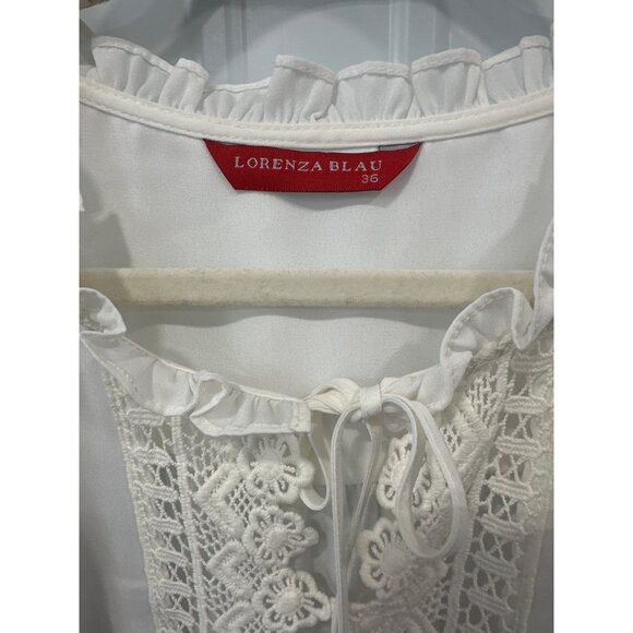 Lorenza Blau Crochet Lace Blouse Women 36 Ruffle Trim Tie Neck White Polyester - Picture 3 of 7